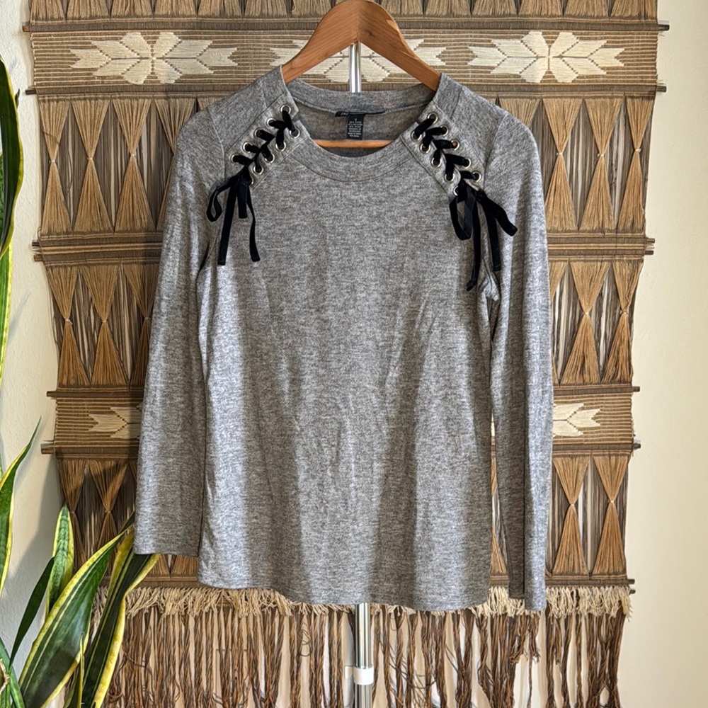 Gray Lace-Up Women's Top